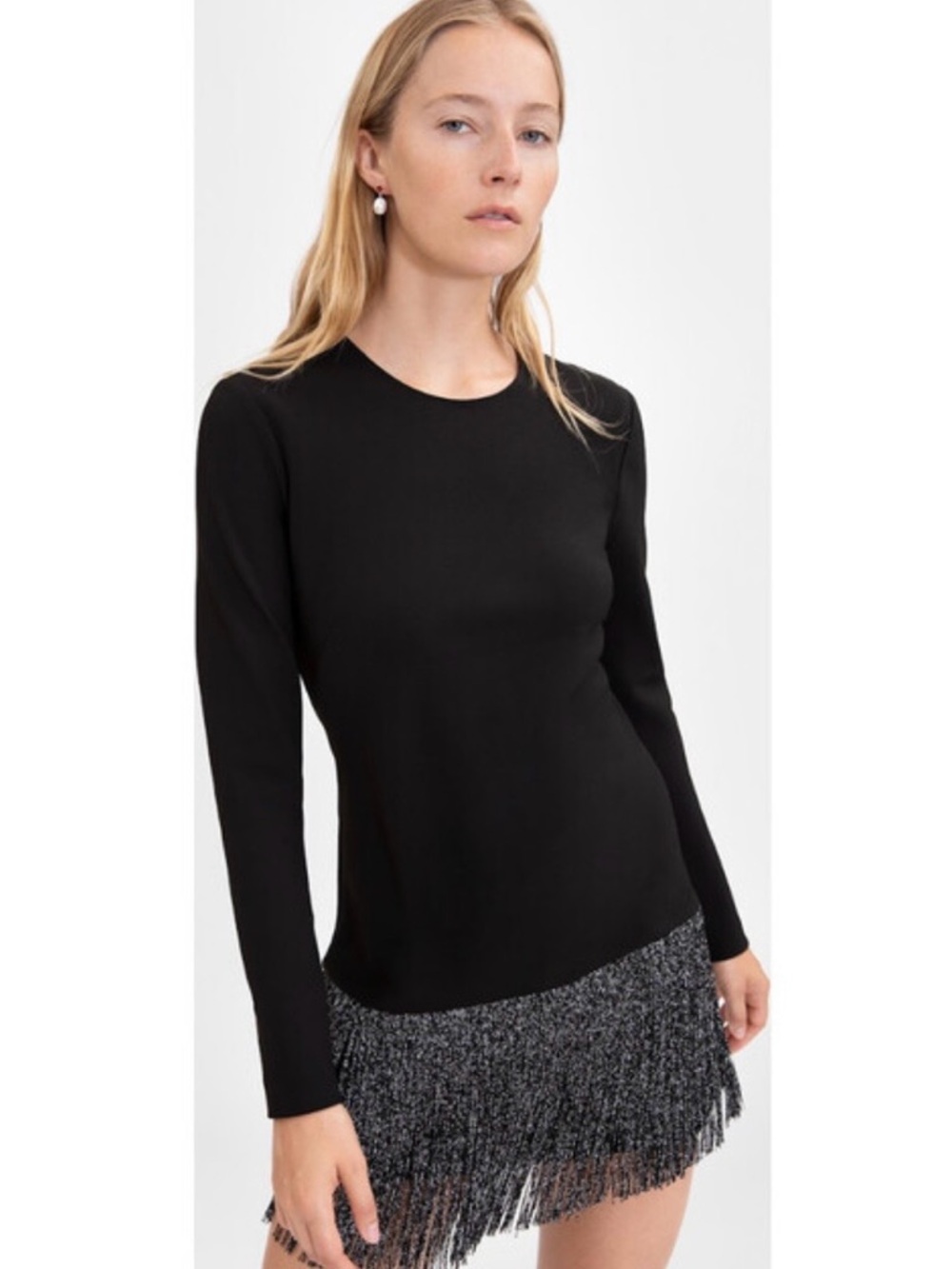 Tanya Taylor Black Long Sleeve Mini Dress with Fringe Hem